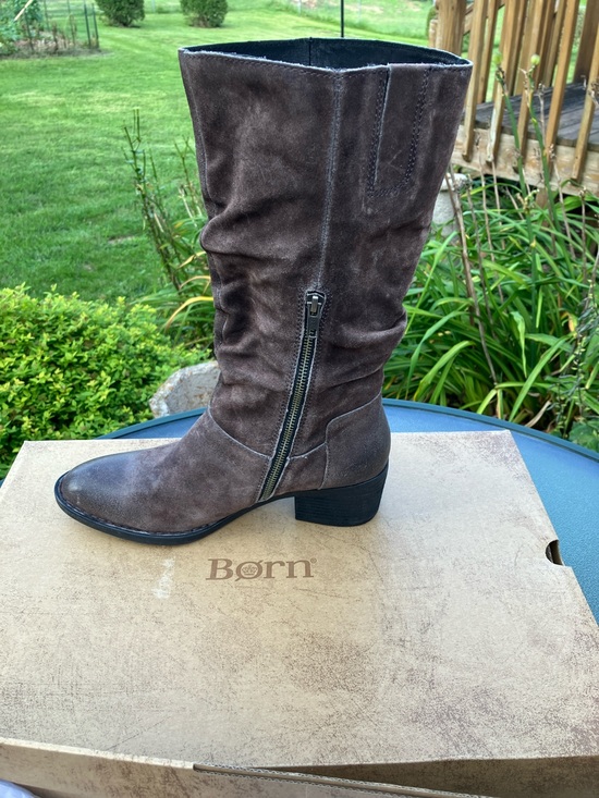 Born Shoes - Born Women's Grey Distressed Suede Mid-Calf Zip Heeled Boots